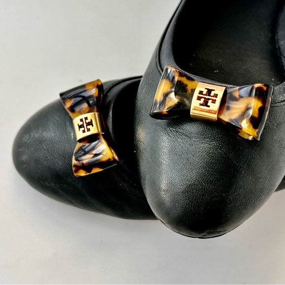 Tory Burch Sz 8 Preppy Ballet flats tortoise bow Jolene Tortuga Gold Reva navy - Picture 2 of 16